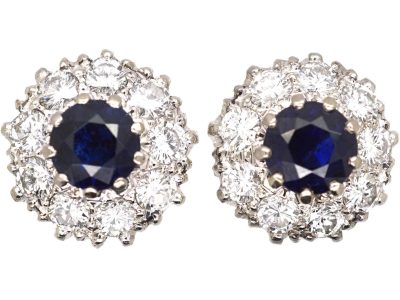 Mid 20th Century 18ct White Gold, Sapphire & Diamond Cluster Earrings