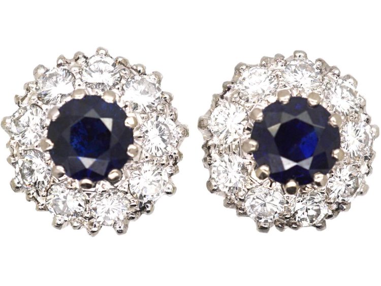 Mid 20th Century 18ct White Gold, Sapphire & Diamond Cluster Earrings