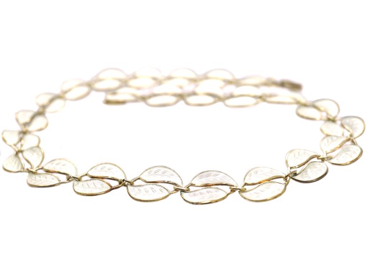 Silver Gilt White Enamel Double Leaves Necklace by Willy Winnaess for David Andersen