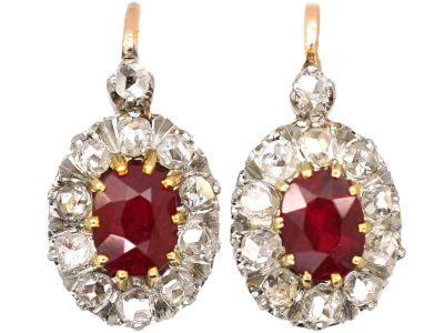 Early 20th Century French 18ct Gold & Platinum, Ruby & Rose Diamond Cluster Earrings