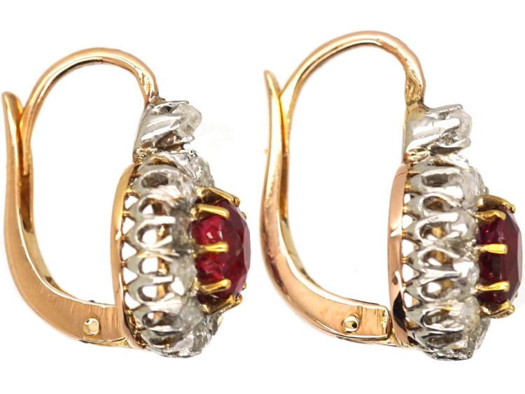 Early 20th Century French 18ct Gold & Platinum, Ruby & Rose Diamond Cluster Earrings