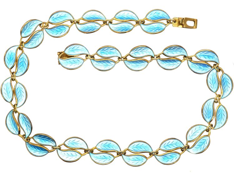 Silver Gilt Pale Blue Enamel Double Leaves Necklace by Willy Winnaess for David Andersen