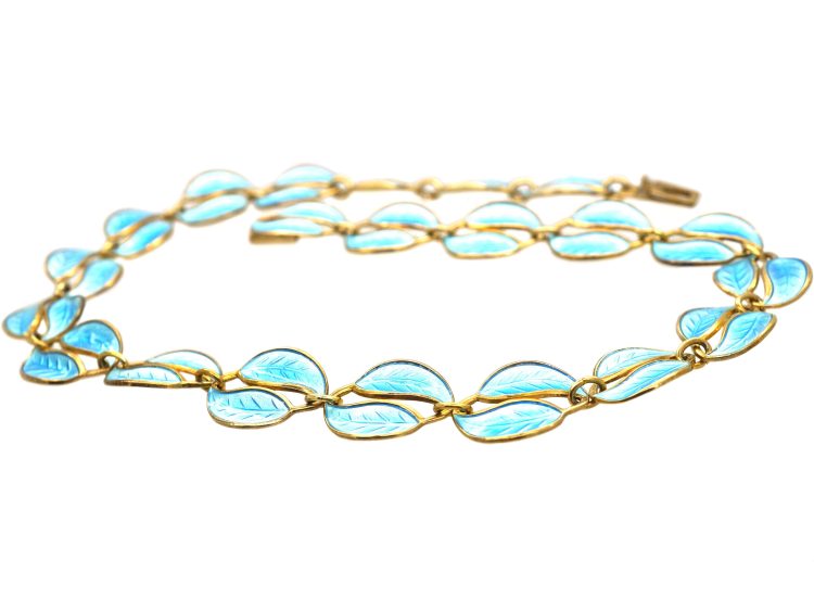 Silver Gilt Pale Blue Enamel Double Leaves Necklace by Willy Winnaess for David Andersen
