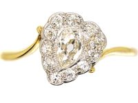 Edwardian 18ct Gold & Platinum Slanted Heart Shaped Cluster Ring
