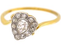 Edwardian 18ct Gold & Platinum Slanted Heart Shaped Cluster Ring