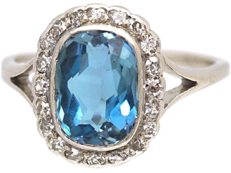 Early 20th Century 18ct White Gold Aquamarine and Diamond Cluster Ring