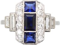 Art Deco 18ct White Gold & Platinum Geometric Ring set with Sapphires & Diamonds