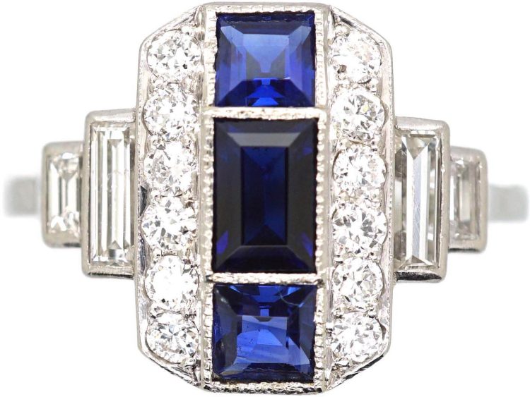 Art Deco 18ct White Gold & Platinum Geometric Ring set with Sapphires & Diamonds
