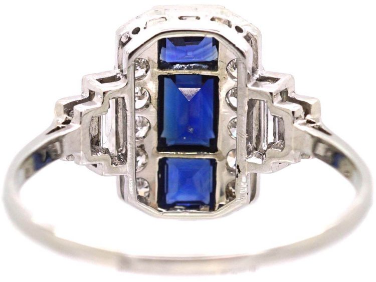 Art Deco 18ct White Gold & Platinum Geometric Ring set with Sapphires & Diamonds
