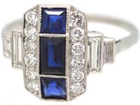 Art Deco 18ct White Gold & Platinum Geometric Ring set with Sapphires & Diamonds
