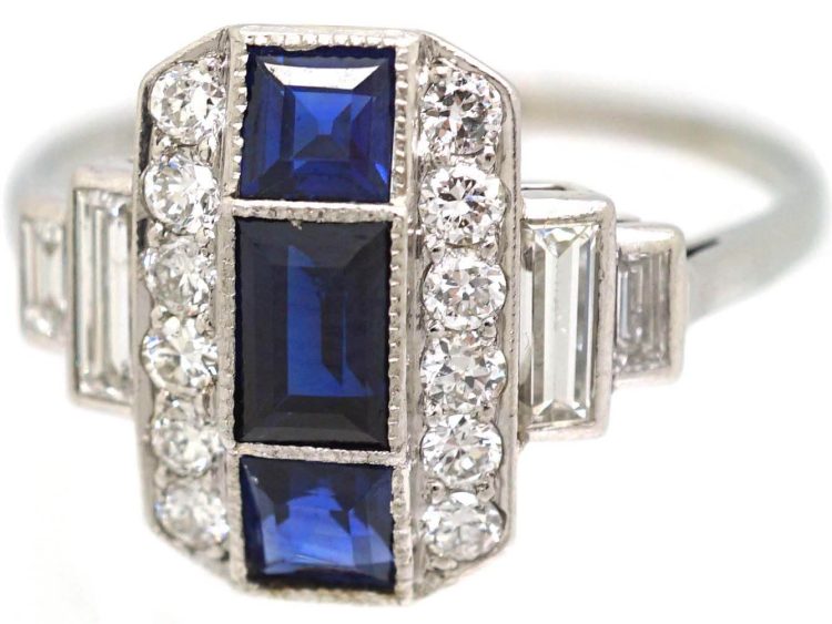 Art Deco 18ct White Gold & Platinum Geometric Ring set with Sapphires & Diamonds