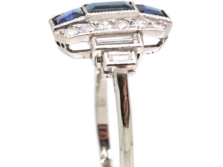 Art Deco 18ct White Gold & Platinum Geometric Ring set with Sapphires & Diamonds