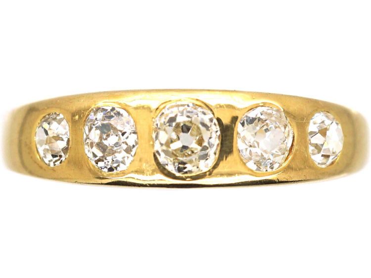 Victorian 18ct Gold Five Stone Old Mine Cut Diamond Rub Over Set Ring