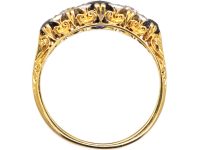 Victorian 18ct Gold Three Stone Sapphire & Diamond Carved Half Hoop Ring