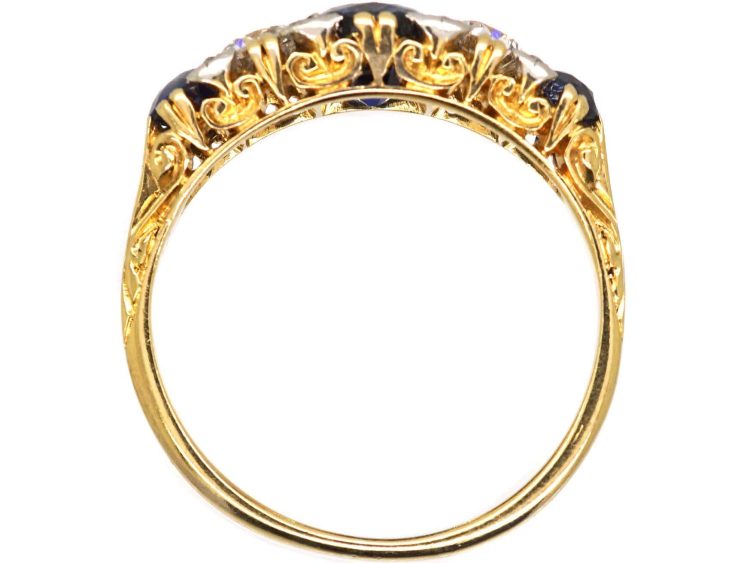Victorian 18ct Gold Three Stone Sapphire & Diamond Carved Half Hoop Ring