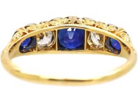 Victorian 18ct Gold Three Stone Sapphire & Diamond Carved Half Hoop Ring