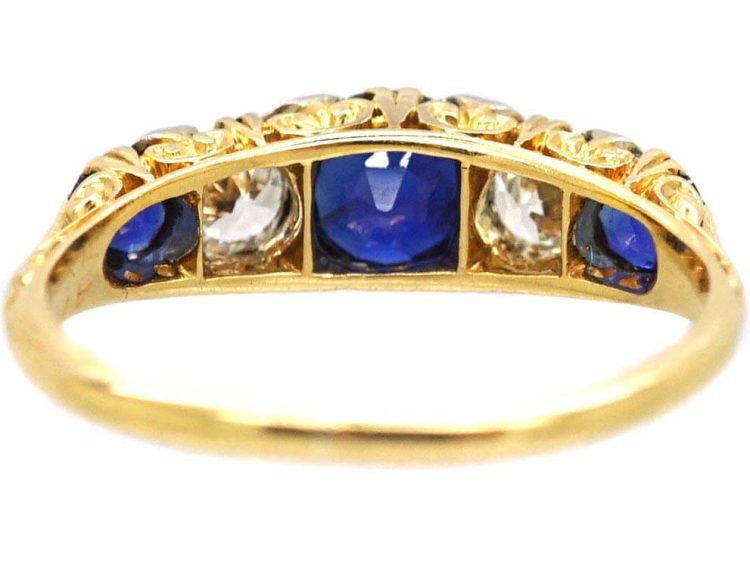 Victorian 18ct Gold Three Stone Sapphire & Diamond Carved Half Hoop Ring