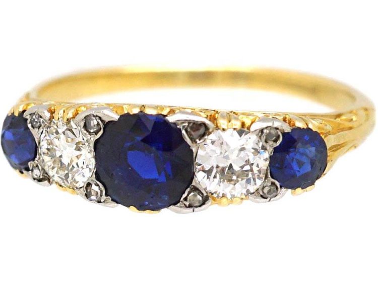 Victorian 18ct Gold Three Stone Sapphire & Diamond Carved Half Hoop Ring