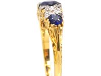 Victorian 18ct Gold Three Stone Sapphire & Diamond Carved Half Hoop Ring