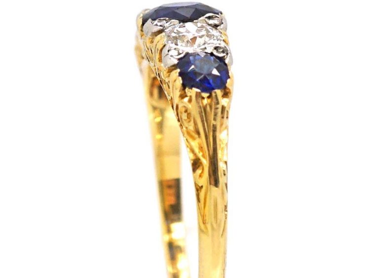 Victorian 18ct Gold Three Stone Sapphire & Diamond Carved Half Hoop Ring