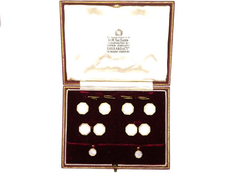 Mid 20th Century 9ct Gold & Mother of Pearl Dress Set in Original Case Retailed by Garrard & Co