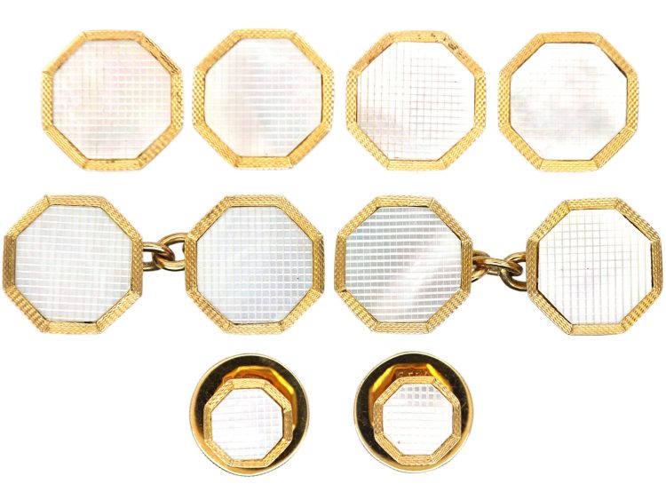 Mid 20th Century 9ct Gold & Mother of Pearl Dress Set in Original Case Retailed by Garrard & Co