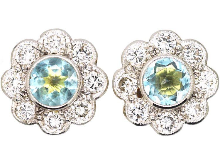 18ct White & Yellow Gold Aquamarine & Diamond Cluster Earrings