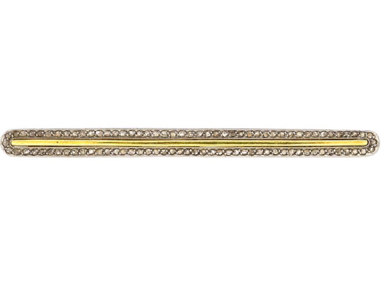 Early 20th Century 18ct Gold & Platinum Narrow Bar Brooch set with Rose Diamonds