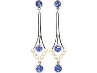 Edwardian 18ct White Gold Drop Earrings set with Sapphires & Natural Pearls