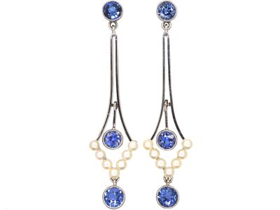 Edwardian 18ct White Gold Drop Earrings set with Sapphires & Natural Pearls
