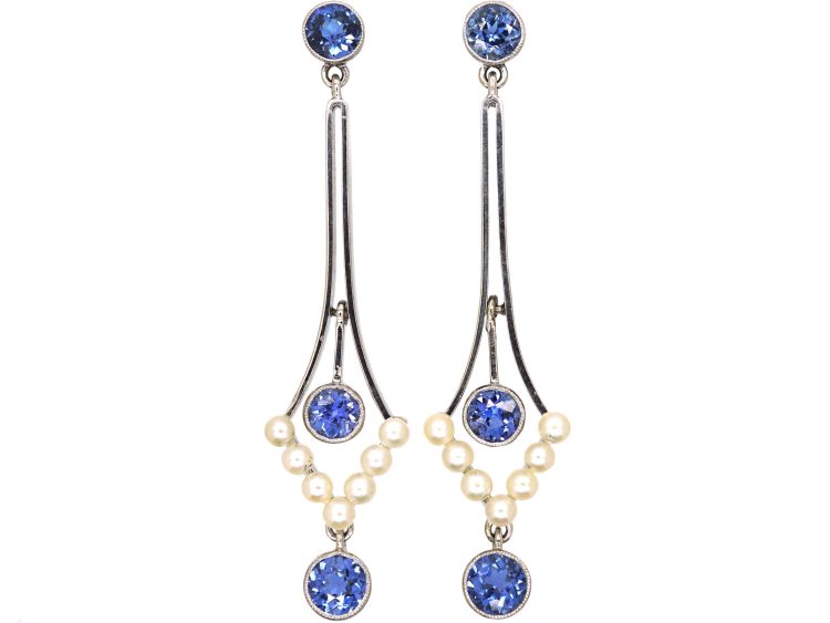 Edwardian 18ct White Gold Drop Earrings set with Sapphires & Natural Pearls