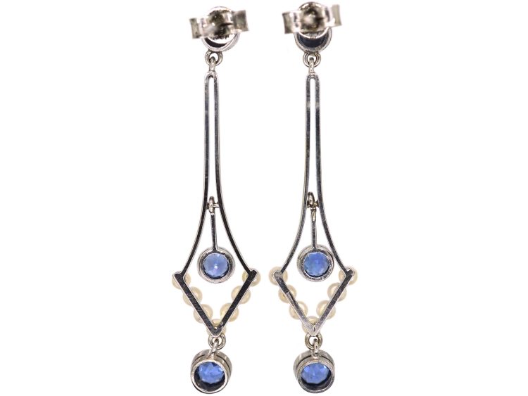 Edwardian 18ct White Gold Drop Earrings set with Sapphires & Natural Pearls