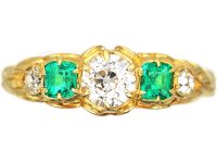 Victorian Ornate 18ct Gold Emerald & Old Mine Cut Diamond Ring