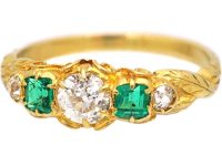 Victorian Ornate 18ct Gold Emerald & Old Mine Cut Diamond Ring