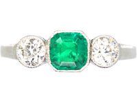 Art Deco Platinum, Emerald & Diamond Three Stone Ring
