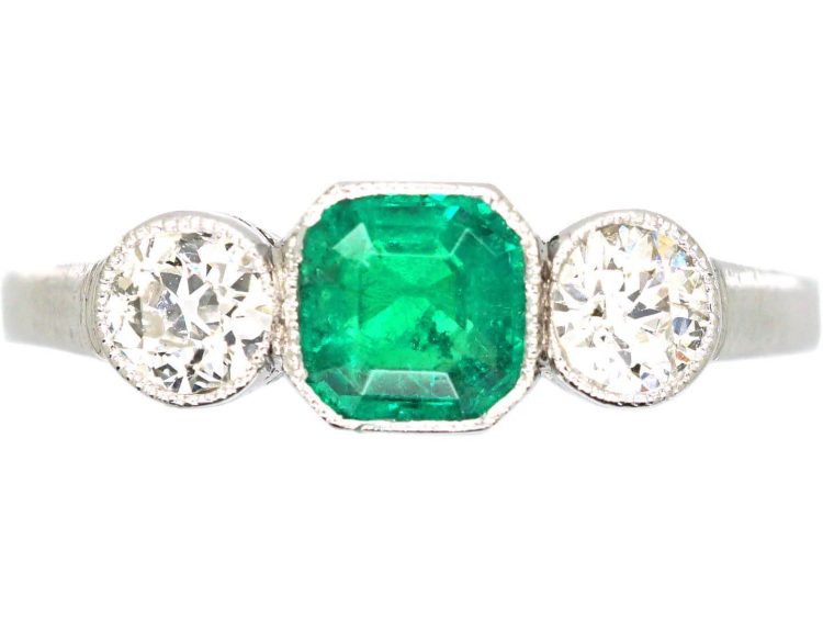 Art Deco Platinum, Emerald & Diamond Three Stone Ring