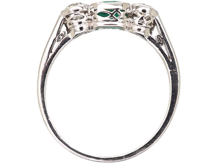Art Deco Platinum, Emerald & Diamond Three Stone Ring