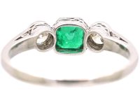 Art Deco Platinum, Emerald & Diamond Three Stone Ring