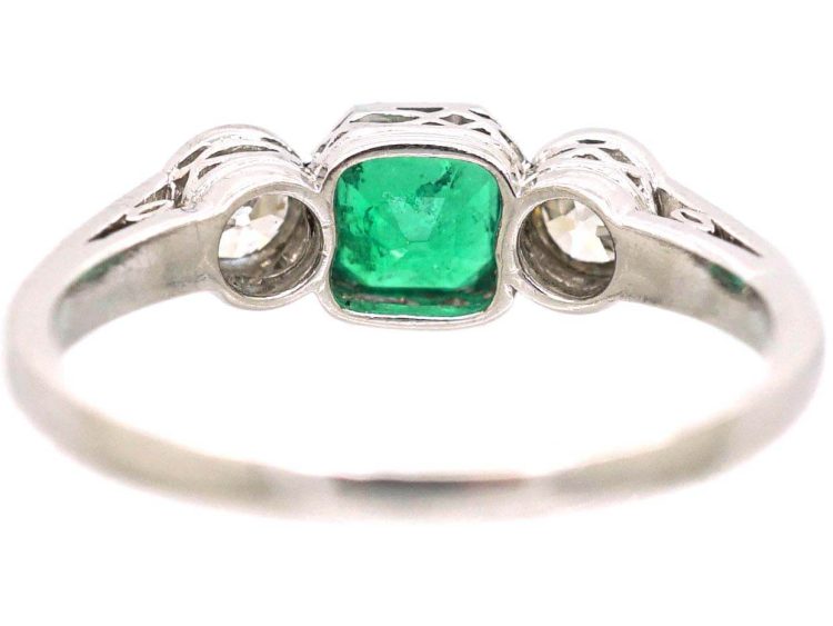 Art Deco Platinum, Emerald & Diamond Three Stone Ring