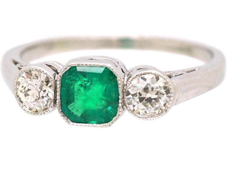 Art Deco Platinum, Emerald & Diamond Three Stone Ring
