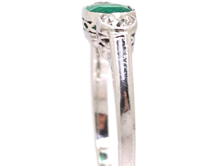 Art Deco Platinum, Emerald & Diamond Three Stone Ring