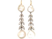 Edwardian 15ct & Platinum, Baroque Pearl & Rose Diamond Drop Earrings