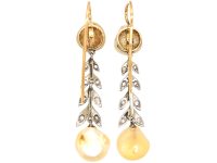 Edwardian 15ct & Platinum, Baroque Pearl & Rose Diamond Drop Earrings
