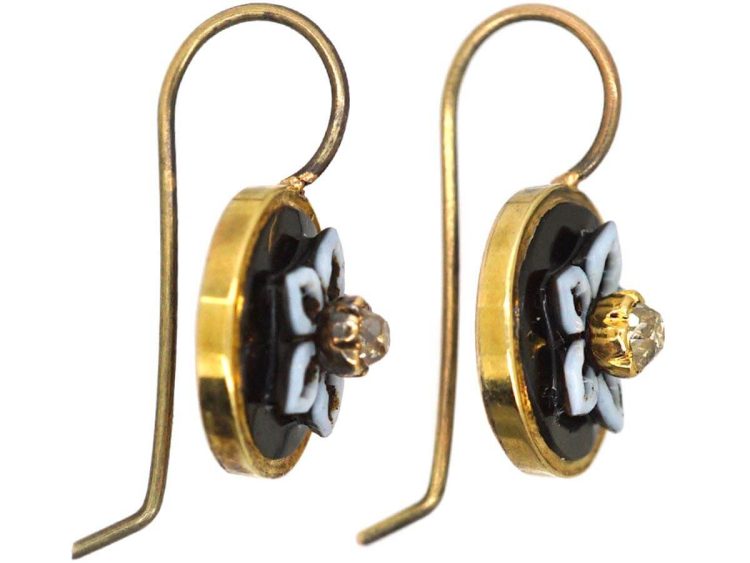 Victorian 15ct Gold Banded Onyx & Diamond Round Earrings