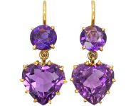 Edwardian 15ct Gold, Amethyst Heart Shaped Drop Earrings