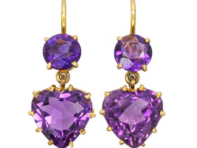 Edwardian 15ct Gold, Amethyst Heart Shaped Drop Earrings