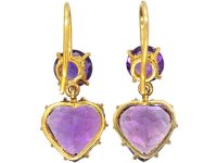 Edwardian 15ct Gold, Amethyst Heart Shaped Drop Earrings