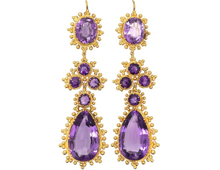Georgian 15ct Gold Long Drop Earrings set with Amethysts