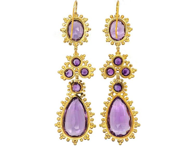 Georgian 15ct Gold Long Drop Earrings set with Amethysts