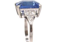 Art Deco Platinum Rectangular Cut Sapphire Ring with Step Cut Diamond Shoulders